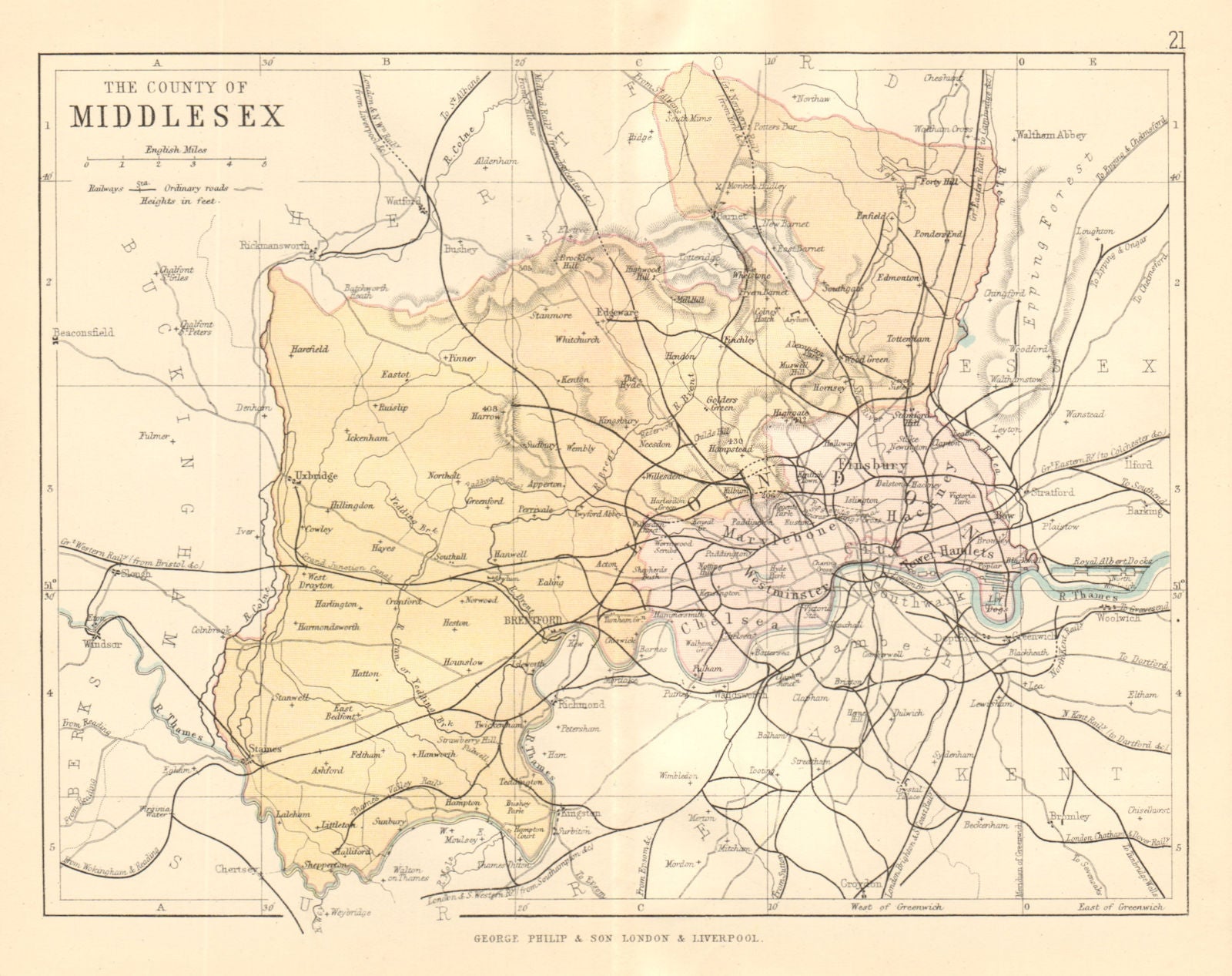 MIDDLESEX. Antique county map. Railways roads. London. PHILIP 1884 old